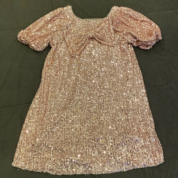 Zara pink sequin puff sleeve bow accent dress size 10 - Picture 1 of 5